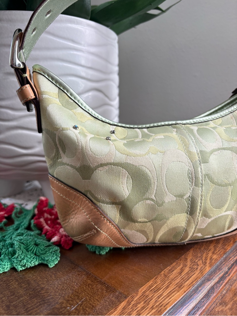 COACH Ladybug Shoulder Bag Green Canvas Leather Hobo Bag Signature 6723 - Picture 8 of 17